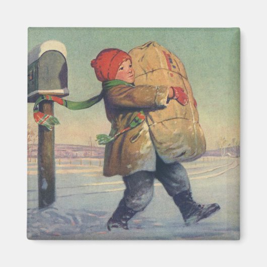 ヴィンテージのクリスマス、大きいパッケージを持つ子供 マグネット (正面)