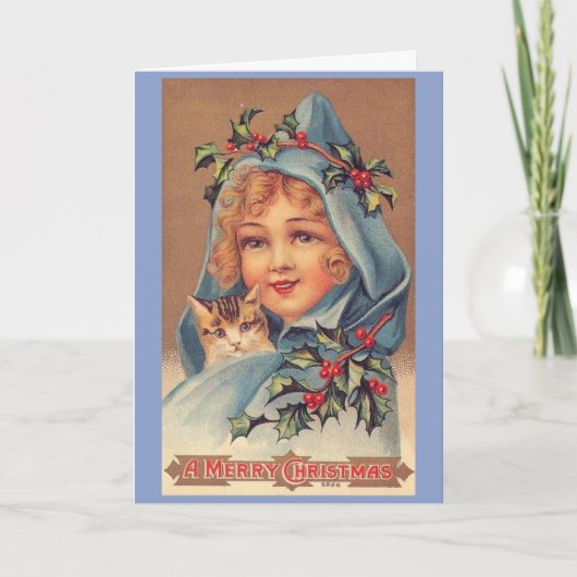 ヴィンテージのクリスマス-女の子および彼女の子ネコ、 シーズンカード (正面)