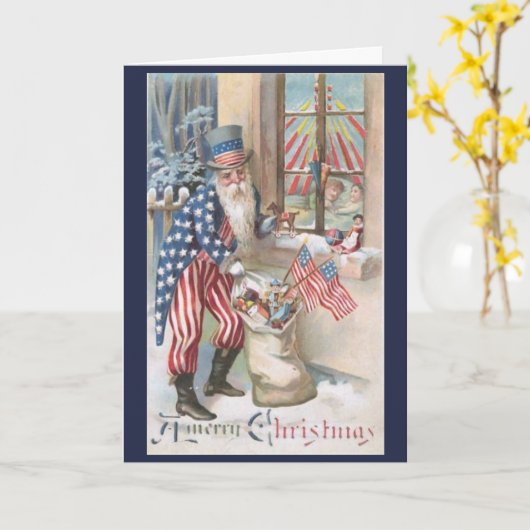 ヴィンテージのクリスマス-愛国心が強いサンタはギフトを持って来ます、 カード (黄色い花)