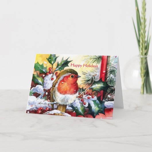 ヴィンテージのクリスマス-雪で覆われたヒイラギの鳥、 シーズンカード (正面)