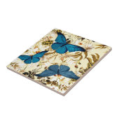 ヴィンテージのクリームの花柄パターンの青い蝶 タイル (側面)