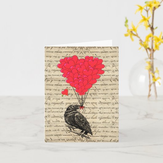 ヴィンテージのクロウとハート型の風船 カード (黄色い花)