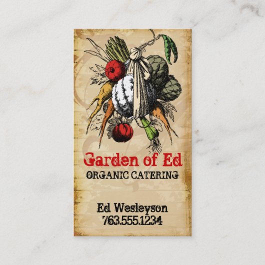 ヴィンテージのグランジな庭の野菜シェフのケータリングカード 名刺 (正面)
