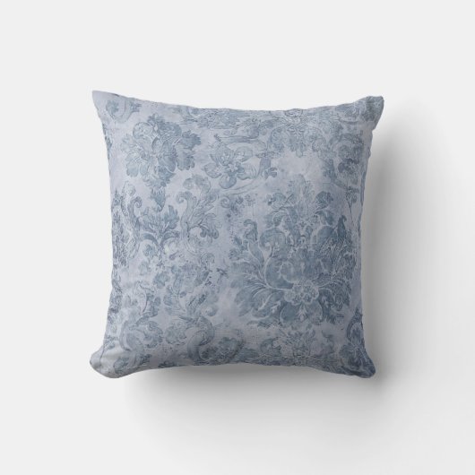 ヴィンテージのグランジな灰色の青く白いダマスク織の上品 クッション (正面)