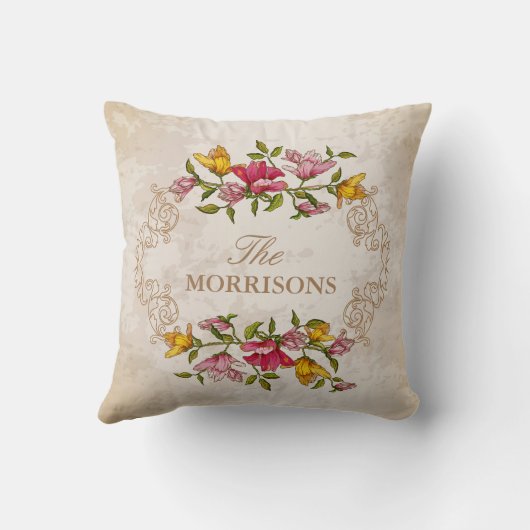 ヴィンテージのグランジな花のリースのモノグラムの姓 クッション (裏面)