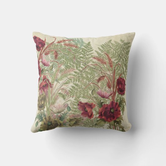 ヴィンテージのケシによってはムギ及びシダの装飾用クッションが開花します クッション (裏面)