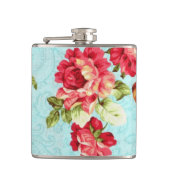 ヴィンテージのコテージの赤いバラの花柄のフラスコ フラスク (正面)