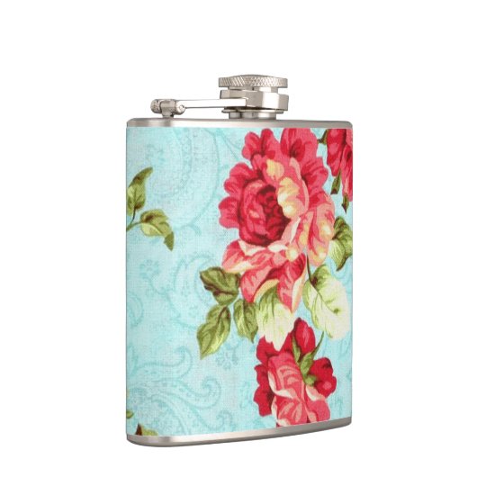 ヴィンテージのコテージの赤いバラの花柄のフラスコ フラスク (右)