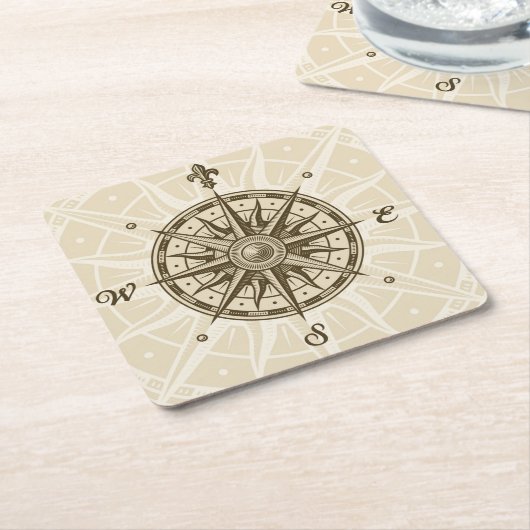 ヴィンテージのコンパス面図 スクエアペーパーコースター (アングル)