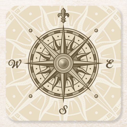 ヴィンテージのコンパス面図 スクエアペーパーコースター (正面)