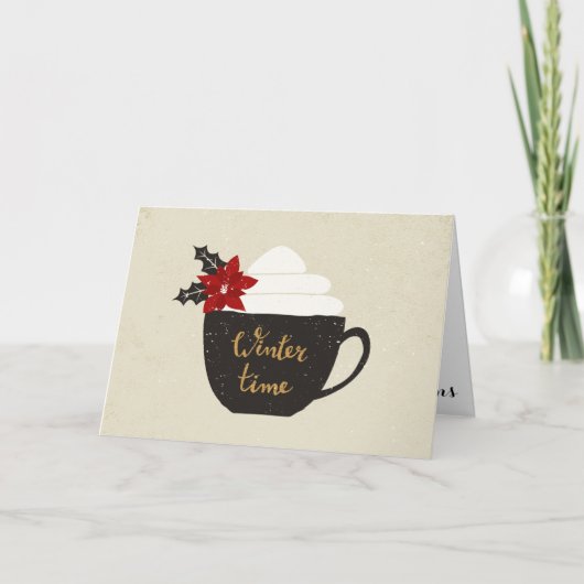 ヴィンテージのコーヒーカップの赤いポインセチアの冬時間 シーズンカード (正面)