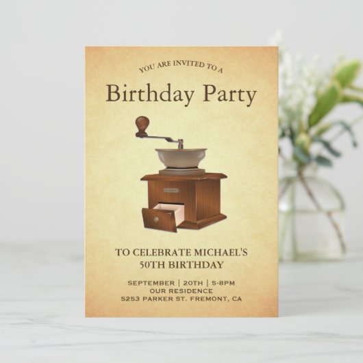 ヴィンテージのコーヒー製造所の粉砕機の誕生会 招待状 (スタンド正面)