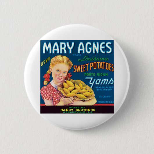 ヴィンテージのサツマイモの食料品のラベル 缶バッジ (正面)