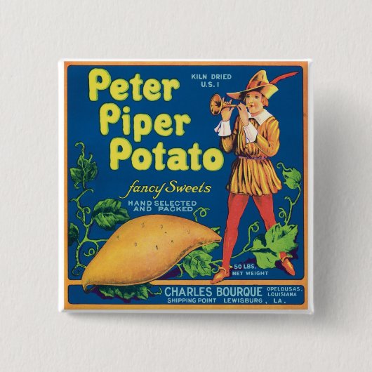 ヴィンテージのサツマイモの食料品のラベル 缶バッジ (正面)