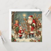 ヴィンテージのサンタと子供たち、トナカイ、プレゼント カード (正面/裏面インサイチュ)