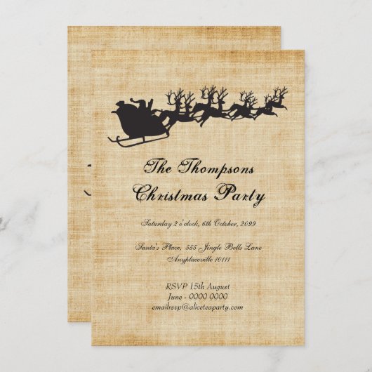 ヴィンテージのサンタのそりのトナカイのクリスマス・パーティ 招待状 (正面/裏面)