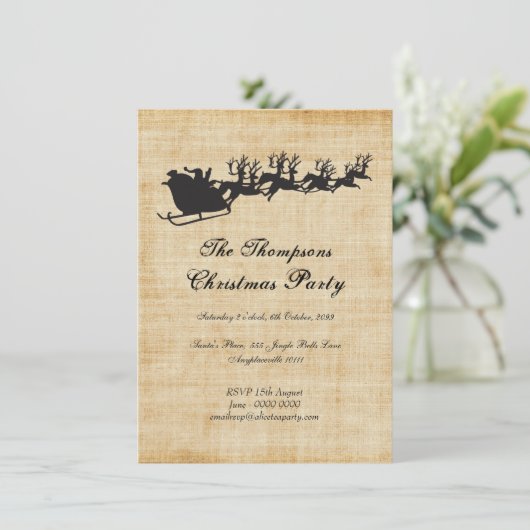 ヴィンテージのサンタのそりのトナカイのクリスマス・パーティ 招待状 (スタンド正面)