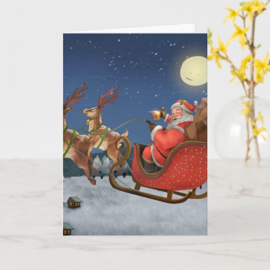 ヴィンテージのサンタクロースが彼のそりに乗って カード (黄色い花)