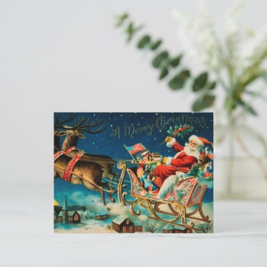 ヴィンテージのサンタクロースのそりのクリスマスの休日 シーズンポストカード (スタンド正面)