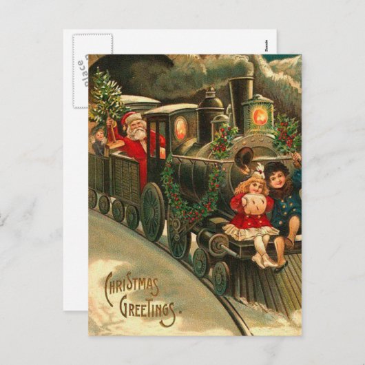 ヴィンテージのサンタクロースのクリスマスの列車 シーズンポストカード (正面/裏面)