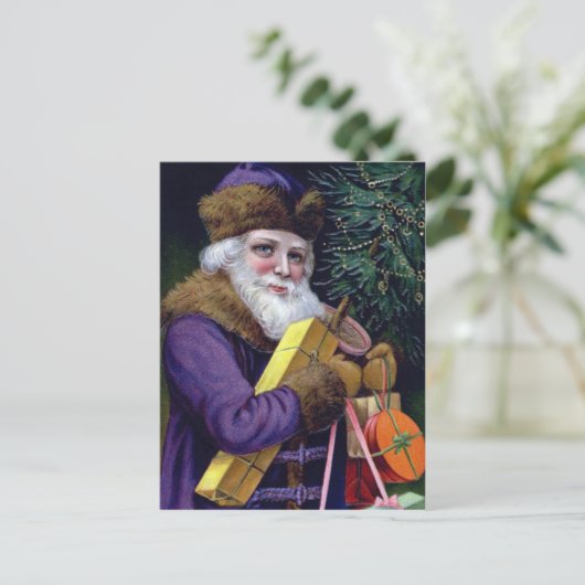 ヴィンテージのサンタクロースのクリスマスの郵便はがき-紫色 シーズンポストカード (スタンド正面)