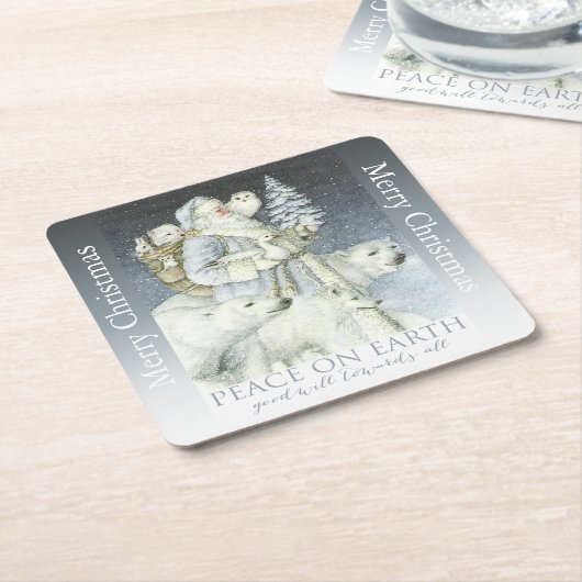 ヴィンテージのサンタSnowyの森林冬動物 スクエアペーパーコースター (アングル)