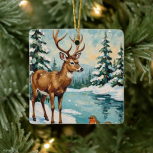 ヴィンテージのシカとコマドリのクリスマスシーン セラミックオーナメント