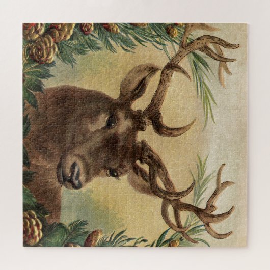 ヴィンテージのシカの木びき台の雄鹿の自然の素朴なクリスマス ジグソーパズル (横)