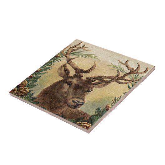 ヴィンテージのシカの木びき台の雄鹿の自然の素朴なクリスマス タイル (側面)