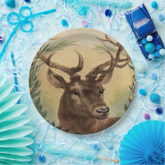ヴィンテージのシカの木びき台の雄鹿の自然の素朴なクリスマス ペーパープレート (パーティー)