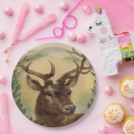 ヴィンテージのシカの木びき台の雄鹿の自然の素朴なクリスマス ペーパープレート (パーティー)