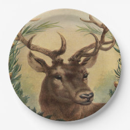 ヴィンテージのシカの木びき台の雄鹿の自然の素朴なクリスマス ペーパープレート