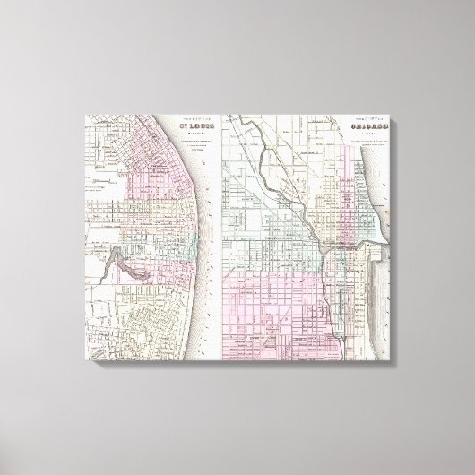 ヴィンテージのシカゴとセントルイスの地図（1855年） キャンバスプリント (正面)