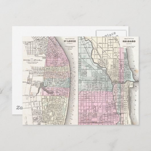 ヴィンテージのシカゴとセントルイスの地図（1855年） ポストカード (正面/裏面)