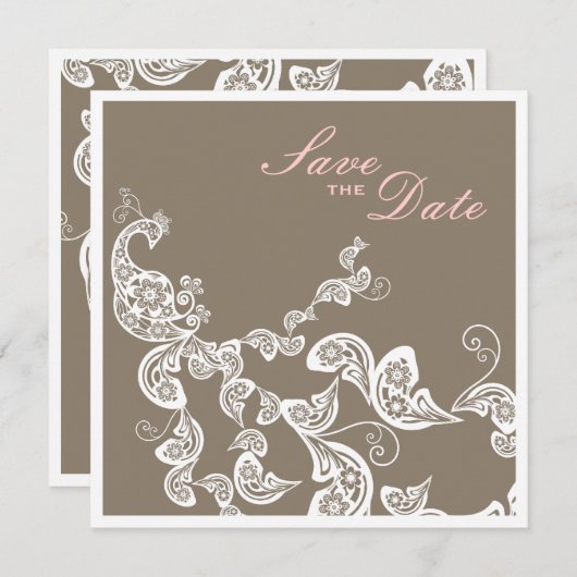 ヴィンテージのシックでエレガントな花の孔雀の保存日付 セーブザデート (正面/裏面)