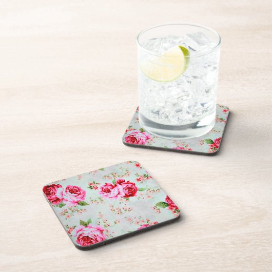 ヴィンテージのシックなコテージピンクのバラの花柄 コースター (右側)