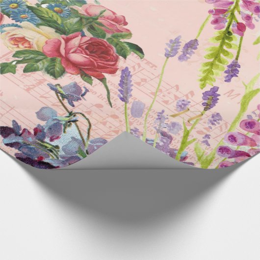 ヴィンテージのシックなピンクの青い鳥の花柄パターン ラッピングペーパー (角)