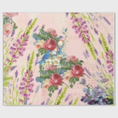 ヴィンテージのシックなピンクの青い鳥の花柄パターン ラッピングペーパー (フラット)