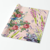 ヴィンテージのシックなピンクの青い鳥の花柄パターン ラッピングペーパー (アンロールド)