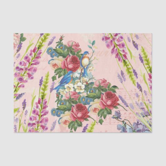 ヴィンテージのシックなピンクの青い鳥の花柄パターン 薄葉紙 (正面)