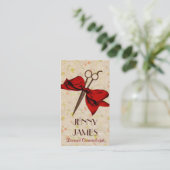 ヴィンテージのシックな美容師の赤い弓花柄のせん断 名刺 (スタンド正面)