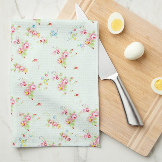 ヴィンテージのシックな花のローズピンクのぼろぼろのばら色の花 キッチンタオル (四つ折り)