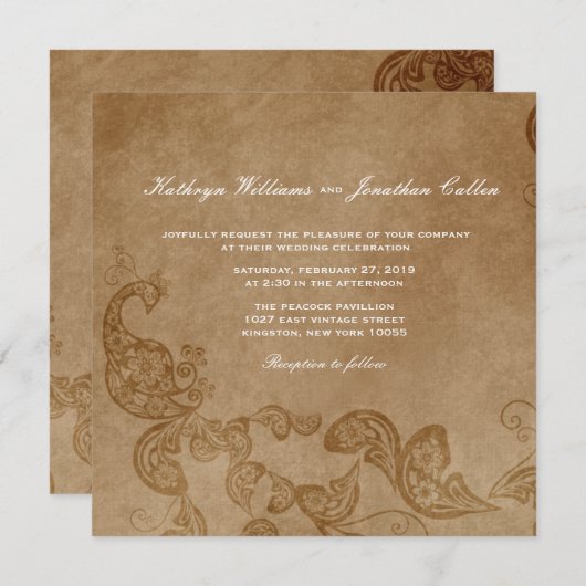 ヴィンテージのシックな花の白い孔雀の結婚式の招待 招待状 (正面/裏面)