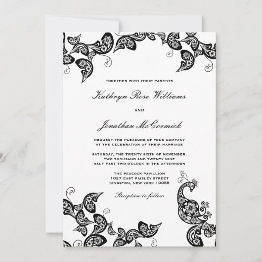 ヴィンテージのシックな花の黒い孔雀の結婚式の招待 招待状 (正面)