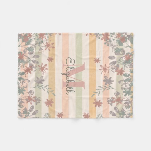 ヴィンテージのシックな花柄はと加えます一流のモノグラムを縞で飾ります フリースブランケット (正面(横))