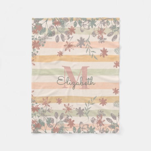 ヴィンテージのシックな花柄はと加えます一流のモノグラムを縞で飾ります フリースブランケット (正面)