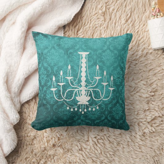 ヴィンテージのシャンデリアのティール(緑がかった色)のダマスク織の枕 クッション (ブランケット)