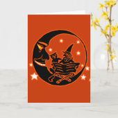 ヴィンテージのシルエットの魔法使いの猫および月 カード (黄色い花)