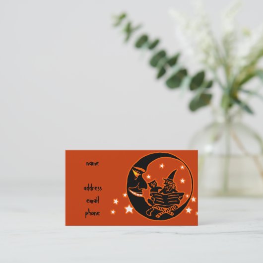 ヴィンテージのシルエットの魔法使いの猫および月 名刺 (スタンド正面)