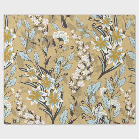 ヴィンテージのシームレスな花のパターン上の黒いバックグロ ラッピングペーパー (フラット)